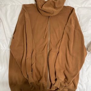 brown oversized zip-up jacket with hood